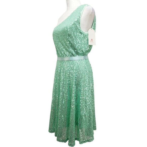 One-Shoulder Light Green Sequined Dress With Ribbon Waist Flowing Skirt Size M - Picture 8 of 12